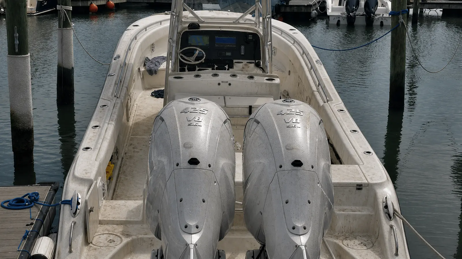 AI-generated illustrative before state for a boat cleaning demonstration, not an actual service result