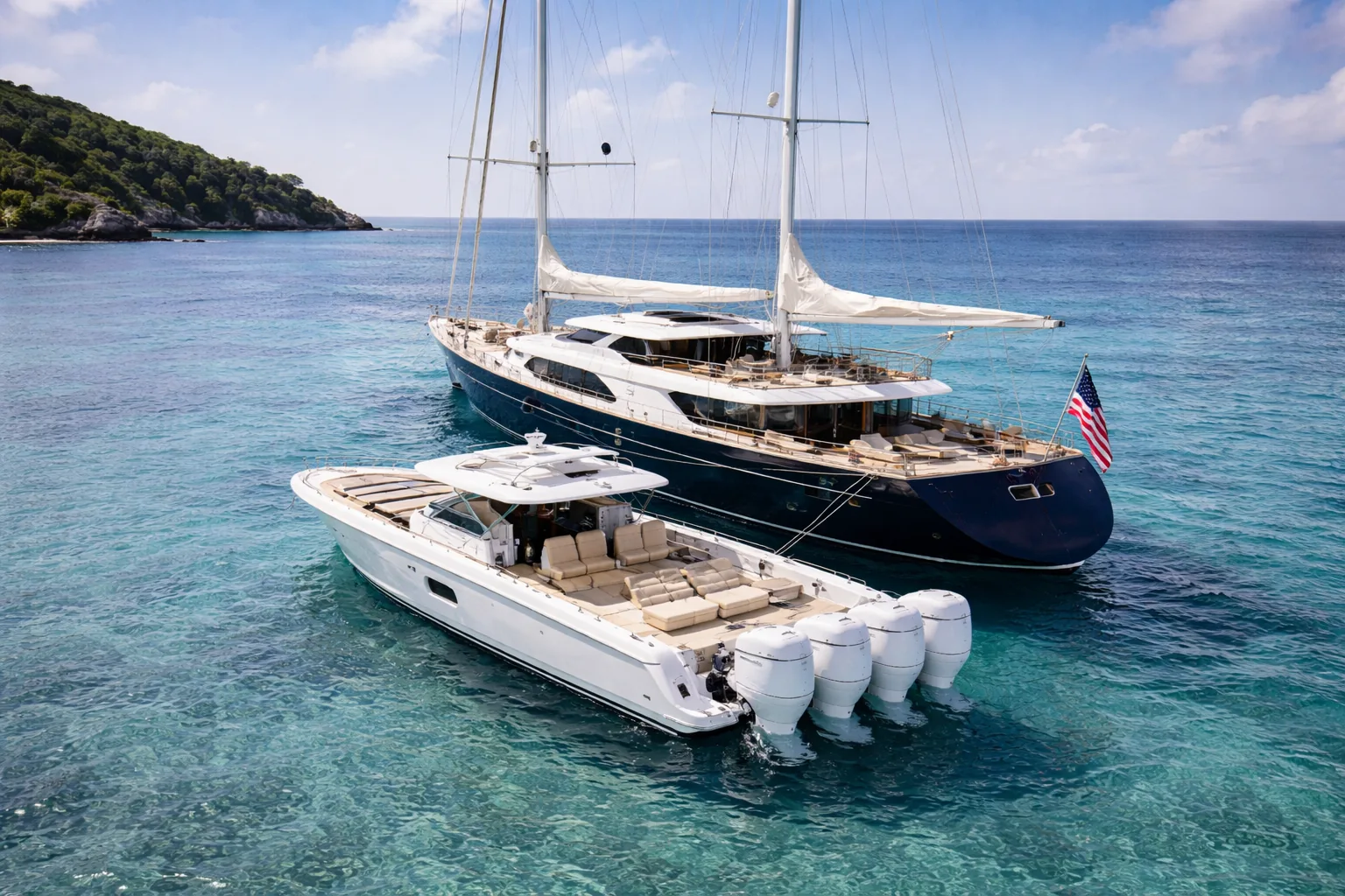 Two boats rafted together in clear water for Lite Yachting Hamptons boat guest guide